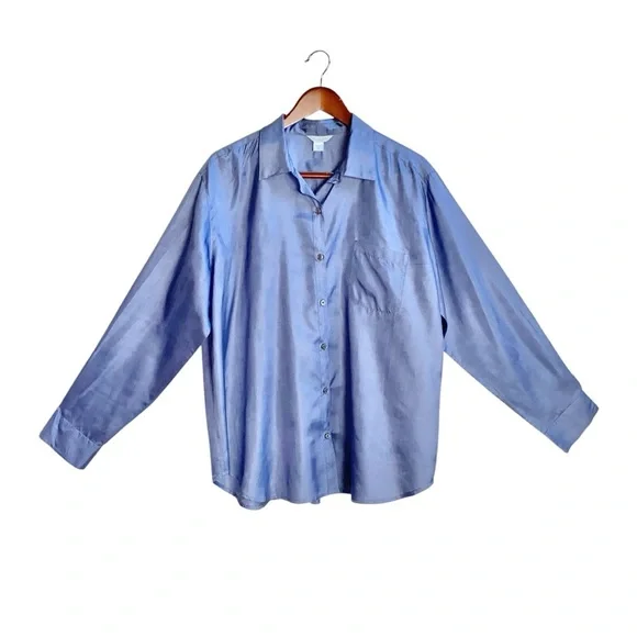Garnet Hill Long Sleeve Button Front Satin Silk Periwinkle Blue Shirt Blouse - Picture 2 of 7